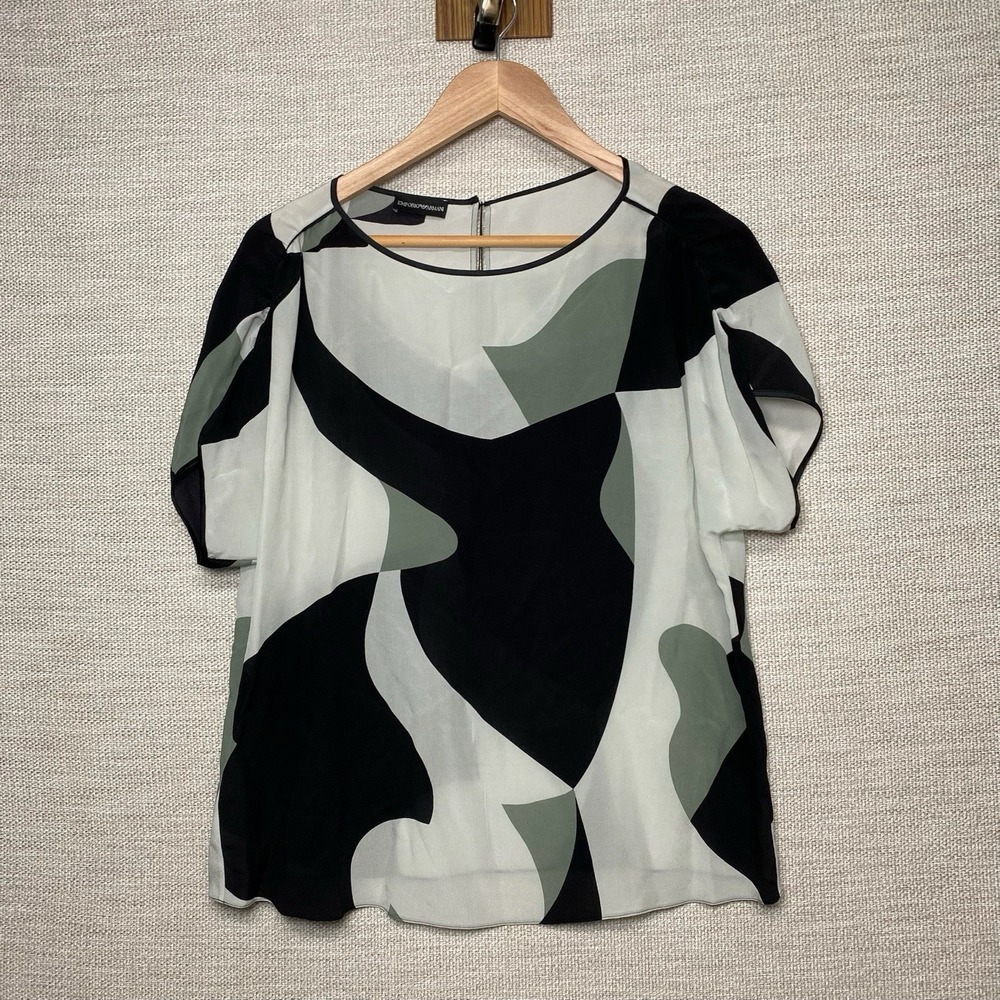 NEW Emporio Armani Silk Chiffon Blouse 42 Sheer Abstract Flutter Sleeve 4NK36T